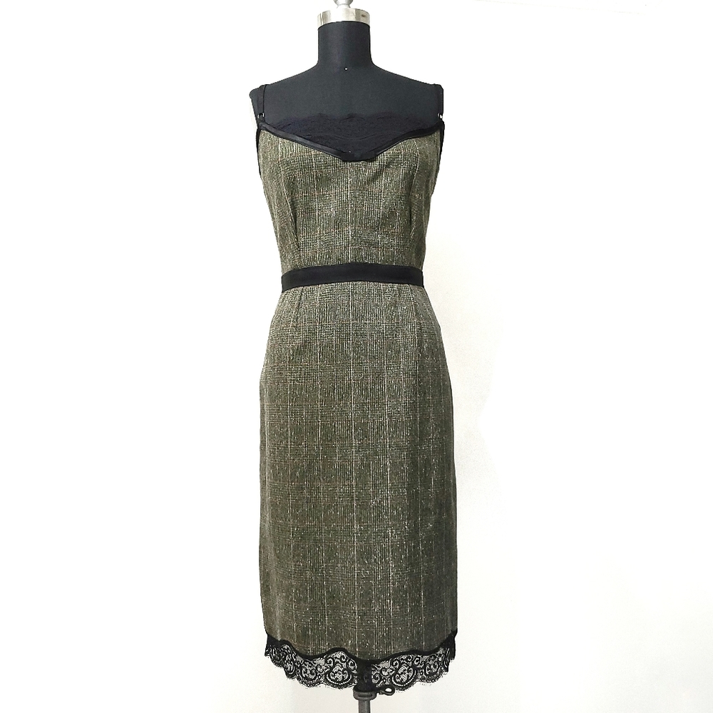 Dolce & Gabbana Wool Silk Plaid Checkered Floral Lace Peek-a-boo Shift Dress